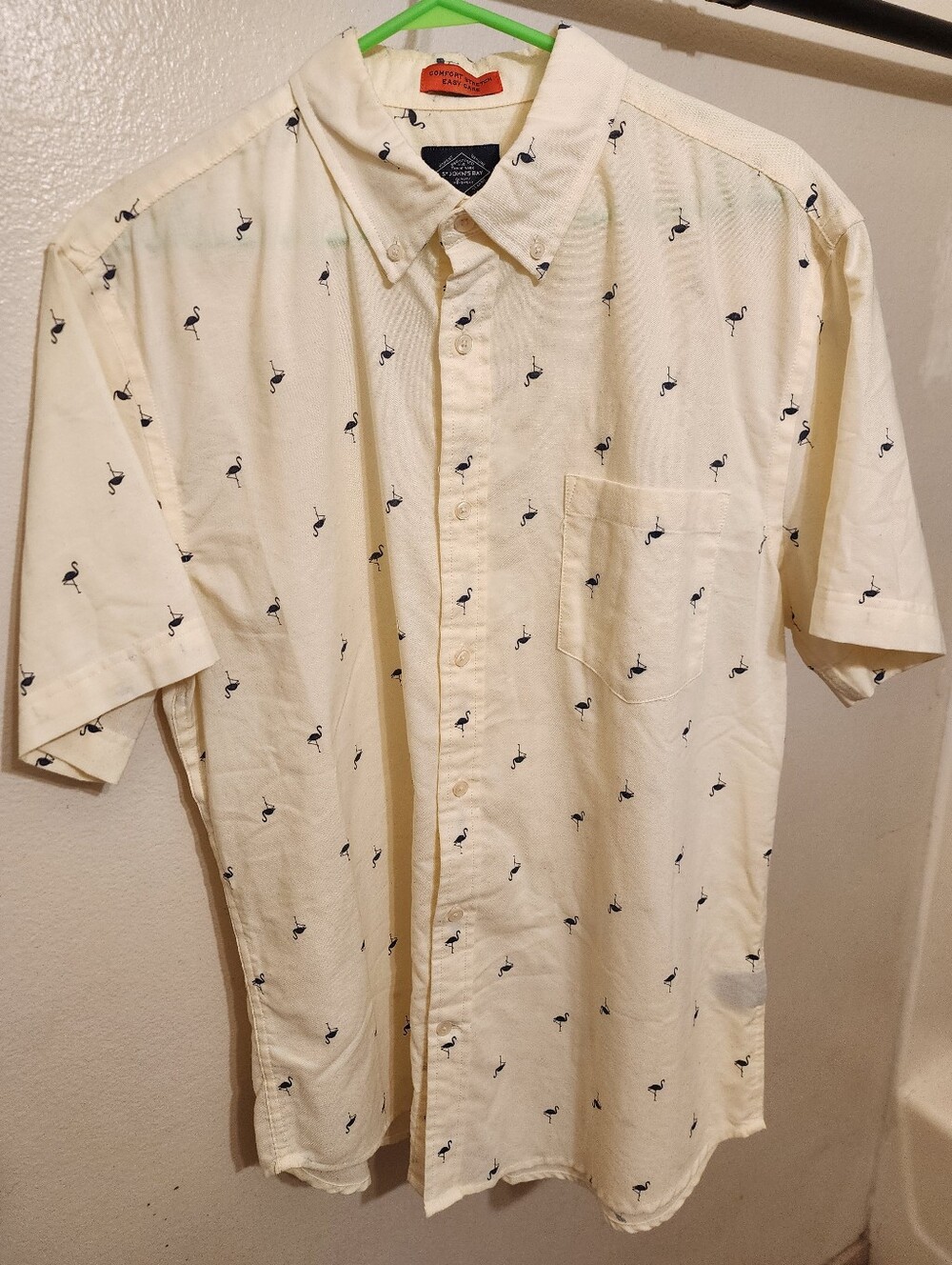 St. John's Bay Offwhite/Yellow Short-Sleeve Button-Down with Navy Flamingo Print